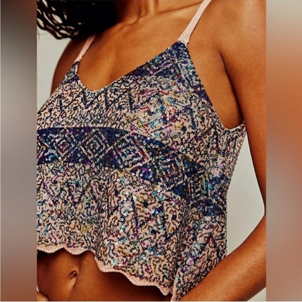 Free People Twilight Rose Combo Tank Sequin Crop Camisole in Pink and Blue NWT - Picture 2 of 10